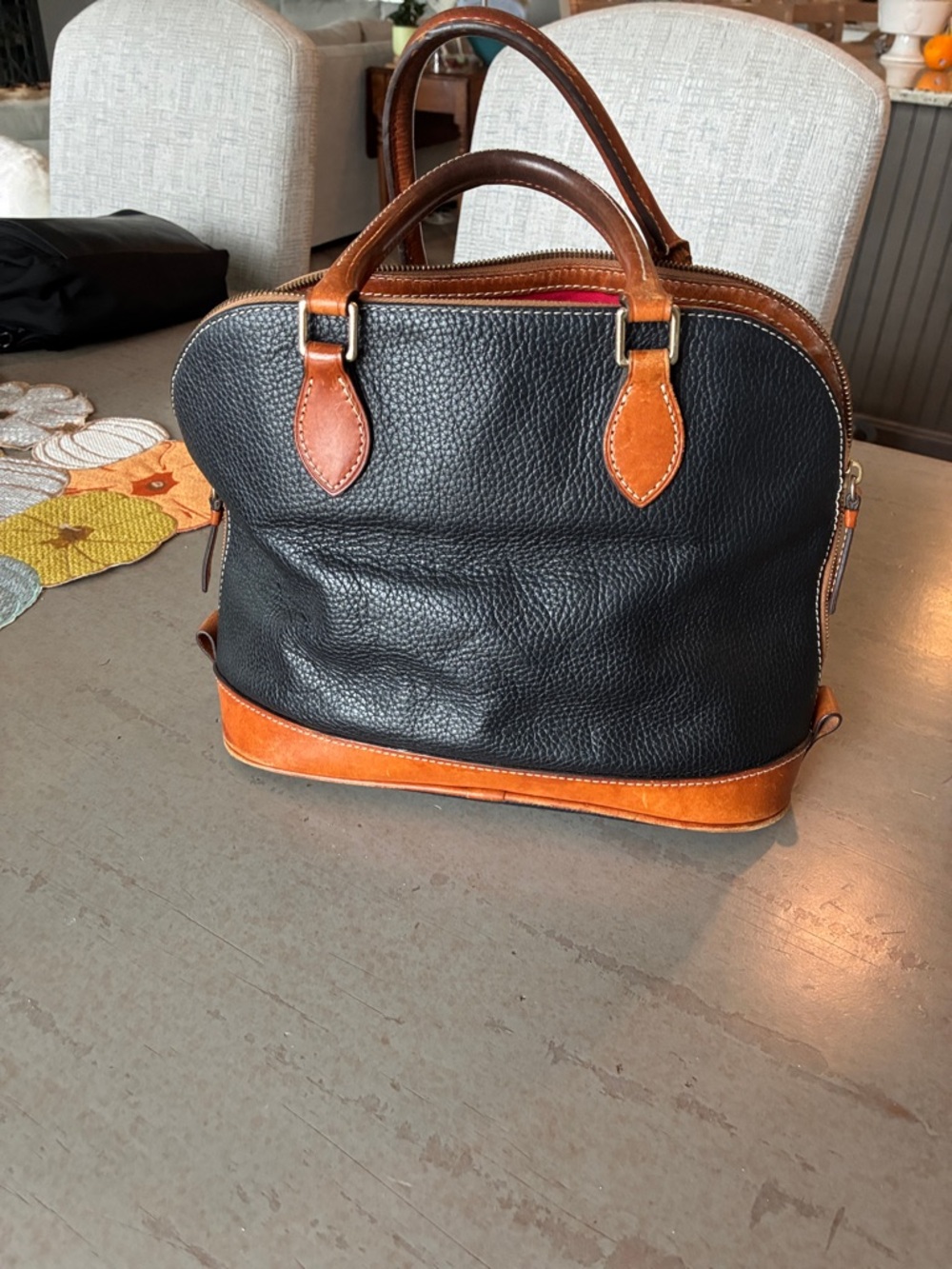Dooney & Bourke Black Pebbled Leather Dome Satchel with Tan Trim - Picture 2 of 11